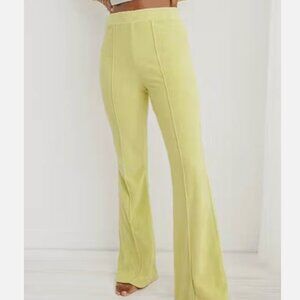 aerie Women's Groove-On Ribbed Velour Flare Pants Lemon Hue High Waisted M
